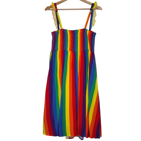 NWT Torrid Women's Rainbow Challis Smocked Tiered Mini Dress Sz 0 - Picture 2 of 16